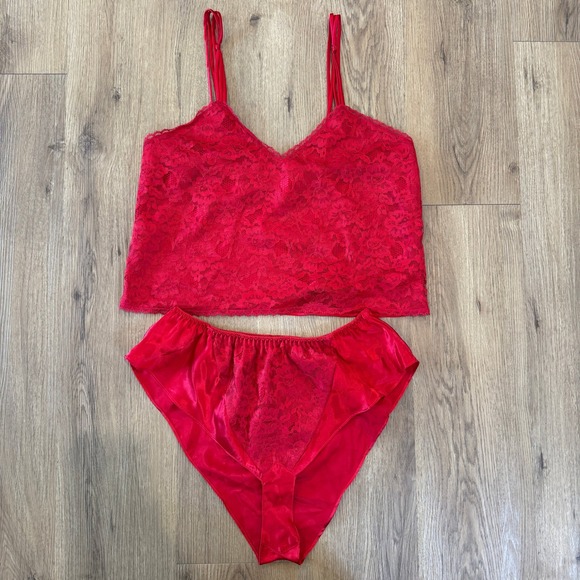 Vtg Victoria's Secret Red Satin Cami Top & Panty Set Lingerie Medium Gold Label - Picture 1 of 8